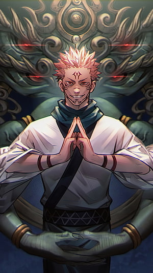 Sukuna from Jujutsu Kaisen in a meditative pose with hands pressed together against a dark ornate backdrop HD phone wallpaper