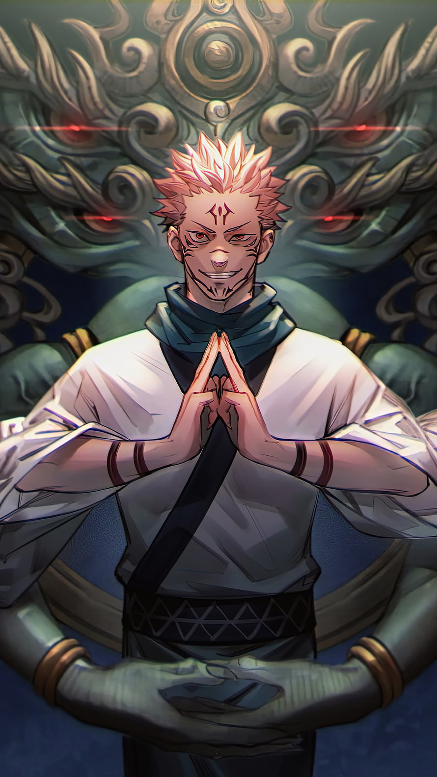 Sukuna from Jujutsu Kaisen in a meditative pose with hands pressed together against a dark ornate backdrop HD phone wallpaper