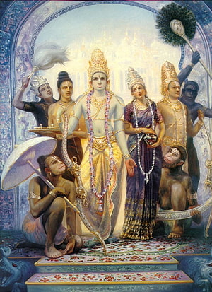 Lord Rama and Sita with Hanuman and Laksmana in ornate classical Indian painting, lord rama, ram mandir HD phone wallpaper