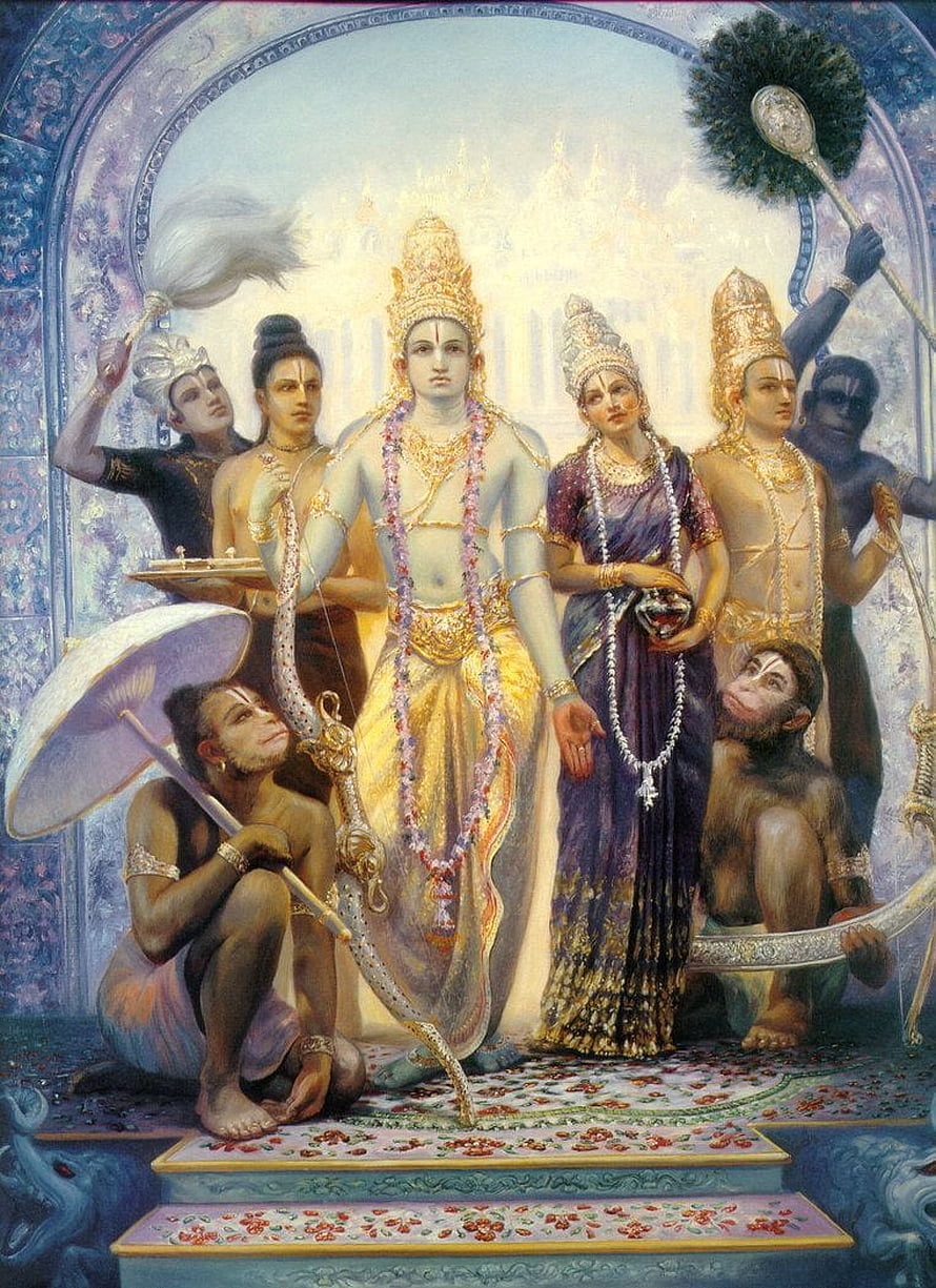 Lord Rama and Sita with Hanuman and Laksmana in ornate classical Indian painting, lord rama, ram mandir HD phone wallpaper