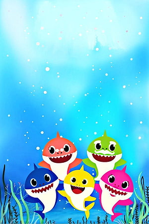 Baby Shark Family Underwater Scene with Colorful Cartoon Sharks and Bubbles HD phone wallpaper