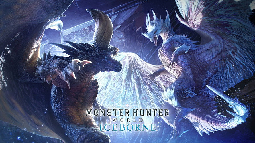 Monster Hunter World Iceborne Key Art Featuring Alatreon and Rathalos in Icy Confrontation HD wallpaper
