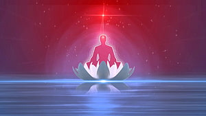 Meditating Figure on Lotus with Cosmic Aura and Starry Sky HD wallpaper