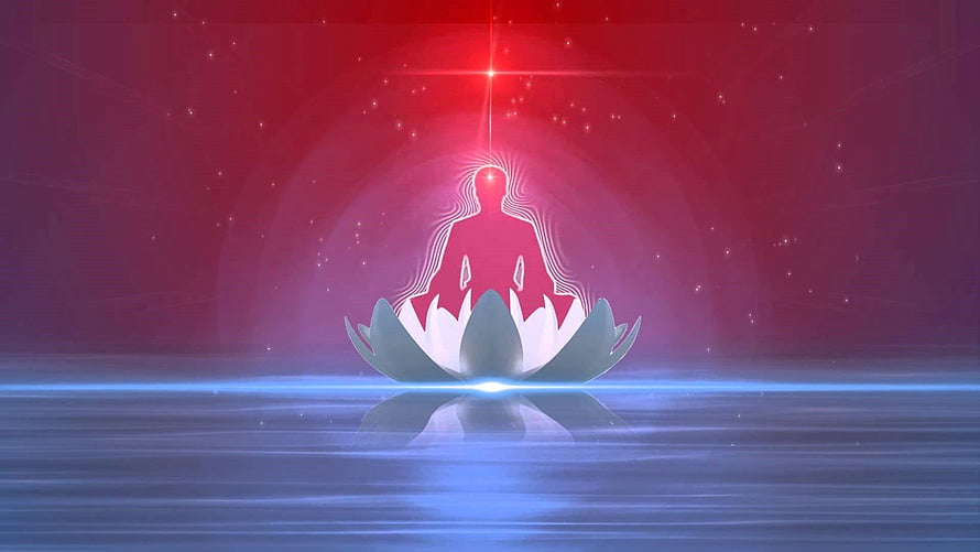 Meditating Figure on Lotus with Cosmic Aura and Starry Sky HD wallpaper