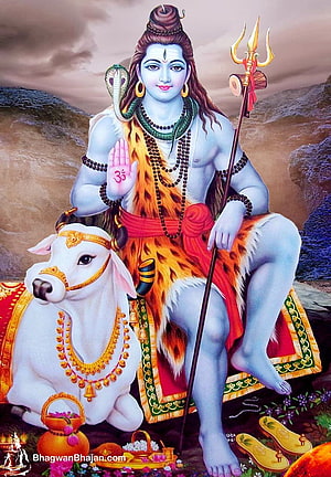 Lord Shiva Seated on White Bull with Trishul and Snake in Himalayan Landscape HD phone wallpaper