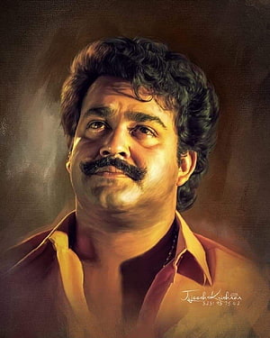 Mohanlal Vintage Portrait Painting with Warm Tones and Mustache HD phone wallpaper