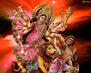 Maa Durga Riding Lion Slaying Mahishasura in Vibrant Hindu Mythological Art HD wallpaper