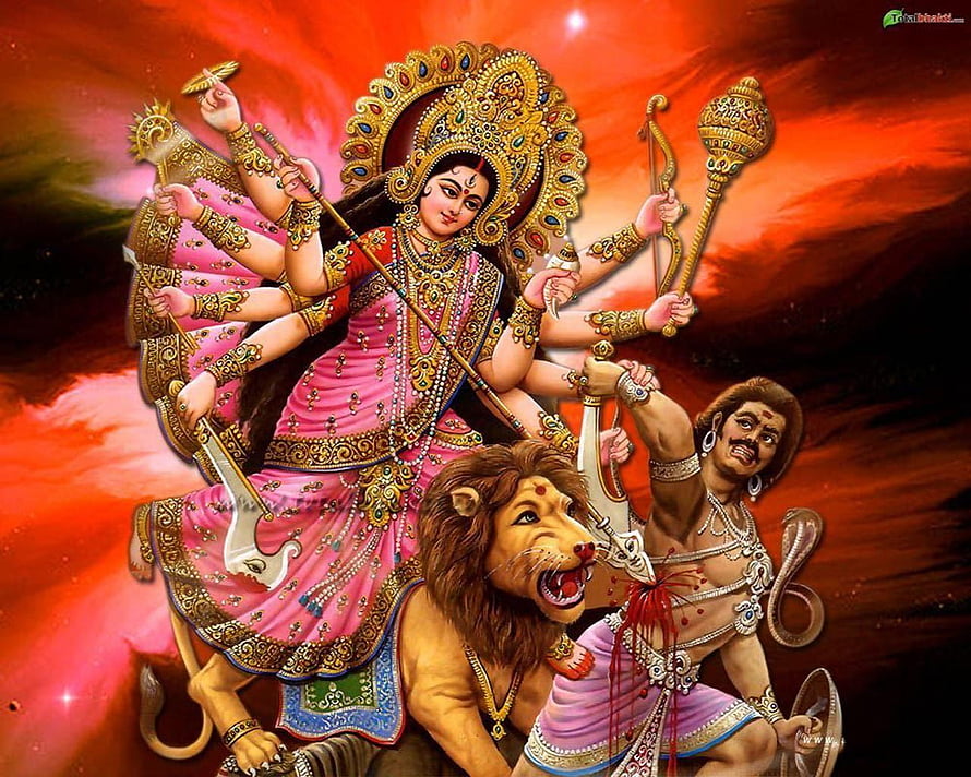 Maa Durga Riding Lion Slaying Mahishasura in Vibrant Hindu Mythological Art HD wallpaper