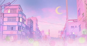 Sailor Moon Aesthetic Japanese Street Scene with Crescent Moon and Pastel Sky HD wallpaper