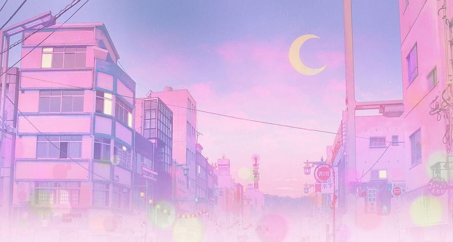 Sailor Moon Aesthetic Japanese Street Scene with Crescent Moon and Pastel Sky HD wallpaper