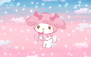 My Melody Holding Camera Against Pastel Pink Sky With Sparkles and Clouds HD wallpaper