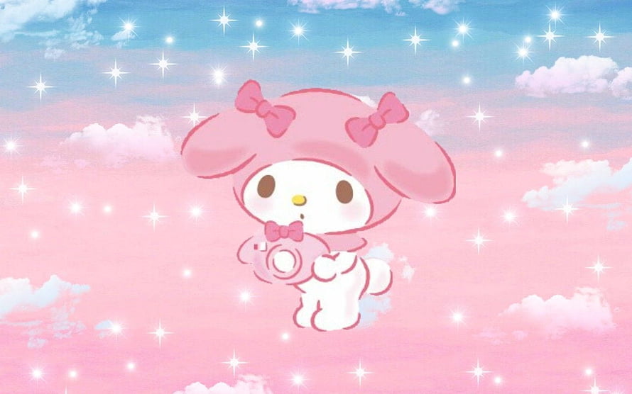 My Melody Holding Camera Against Pastel Pink Sky With Sparkles and Clouds HD wallpaper