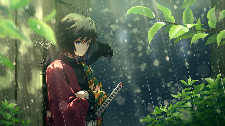 Giyuu Tomioka from Demon Slayer Standing in a Rainy Forest with Katana HD wallpaper