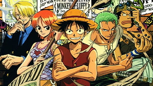 One Piece Straw Hat Pirates Group Portrait with Wanted Posters HD wallpaper