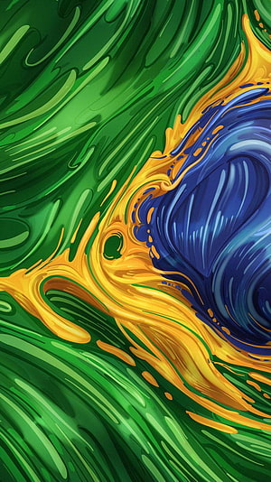 Brazilian Flag Colors Abstract Fluid Art with Green Yellow and Blue Swirls HD phone wallpaper