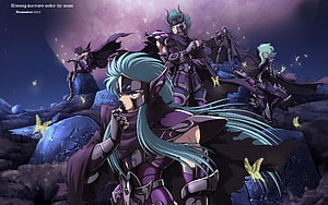 Saint Seiya Hades Chapter Warriors in Purple Armor Under Moonlight HD wallpaper