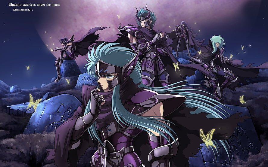 Saint Seiya Hades Chapter Warriors in Purple Armor Under Moonlight HD wallpaper