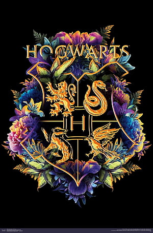 Hogwarts School Crest with Four House Emblems and Vibrant Floral Arrangement on Black Background HD phone wallpaper