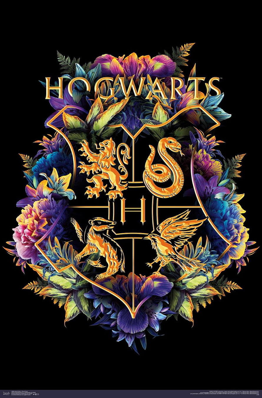 Hogwarts School Crest with Four House Emblems and Vibrant Floral Arrangement on Black Background HD phone wallpaper