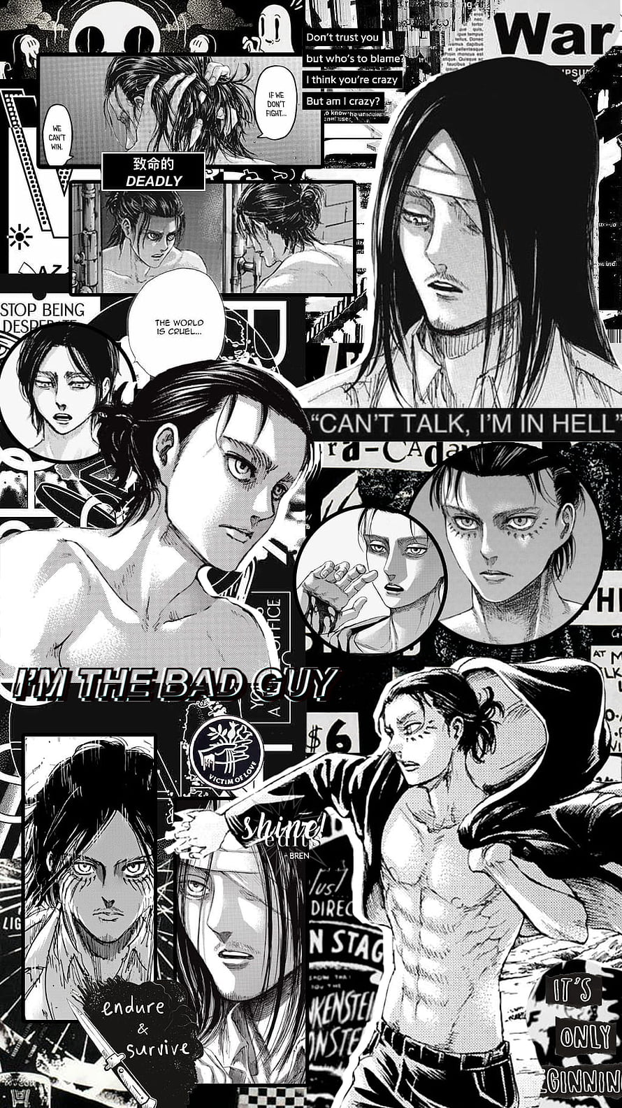Eren Yeager Attack on Titan Black and White Manga Panel Collage HD phone wallpaper