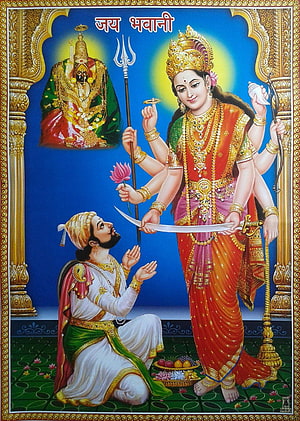 Maa Bhavani Bestowing Sword Upon Chhatrapati Shivaji Maharaj Devotional Art HD phone wallpaper