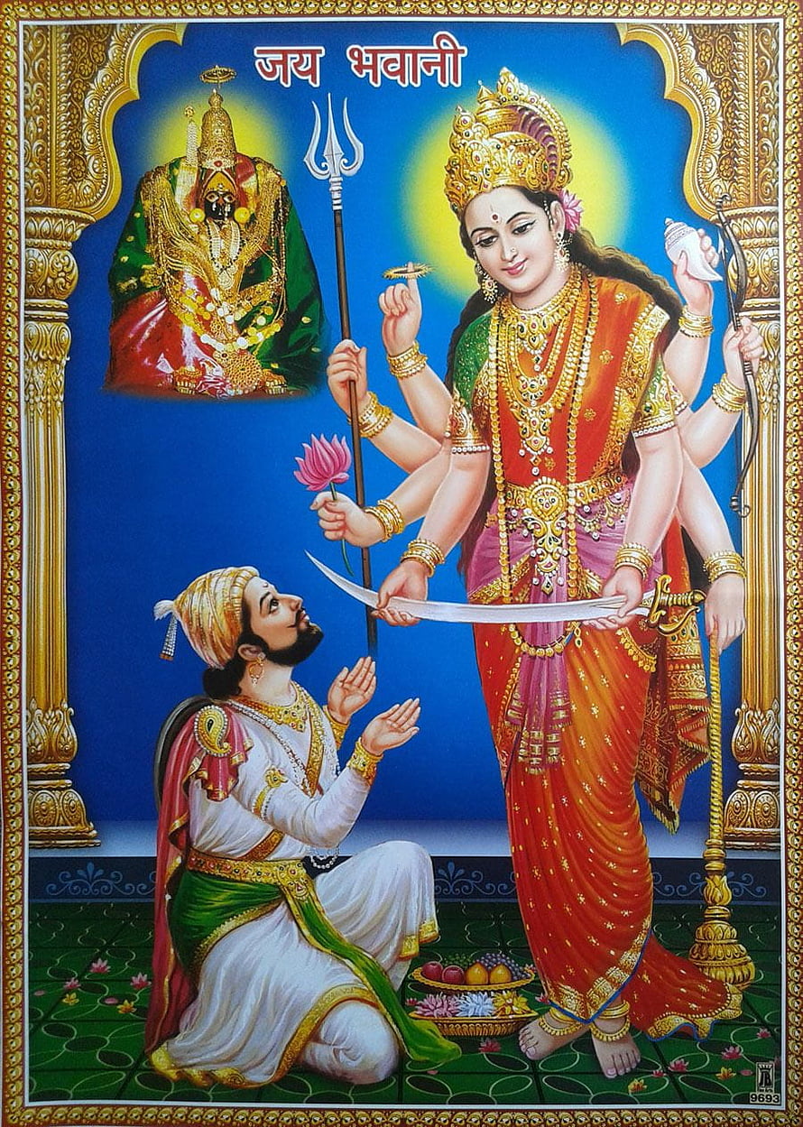 Maa Bhavani Bestowing Sword Upon Chhatrapati Shivaji Maharaj Devotional Art HD phone wallpaper