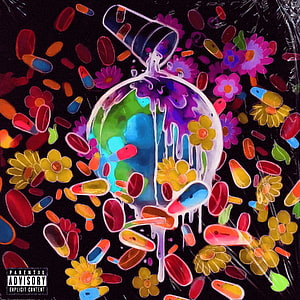 Juice Wrld Album Artwork with Colorful Pills and Flowers on Black Background HD phone wallpaper