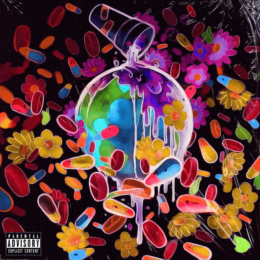 Juice Wrld Album Artwork with Colorful Pills and Flowers on Black Background HD phone wallpaper