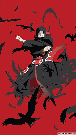 Itachi Uchiha in Akatsuki Cloak Surrounded by Crows on Red Background HD phone wallpaper