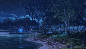 Serene Nighttime Lake Scene with Cabin and Starry Sky HD wallpaper