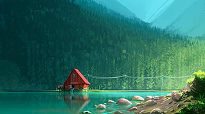 Stylized Red Cabin on a Turquoise Lake Surrounded by Dense Pine Forest and Misty Mountains HD wallpaper