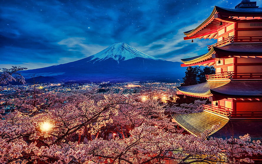 Mount Fuji and Chureito Pagoda at Night with Cherry Blossoms in Japan HD wallpaper