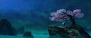 Kung Fu Panda Master Oogway Under a Starlit Cherry Blossom Tree HD wallpaper