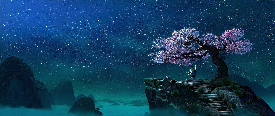 Kung Fu Panda Master Oogway Under a Starlit Cherry Blossom Tree HD wallpaper