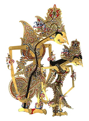 Traditional Indonesian Wayang Kulit Shadow Puppet with Intricate Gold and Red Filigree HD phone wallpaper