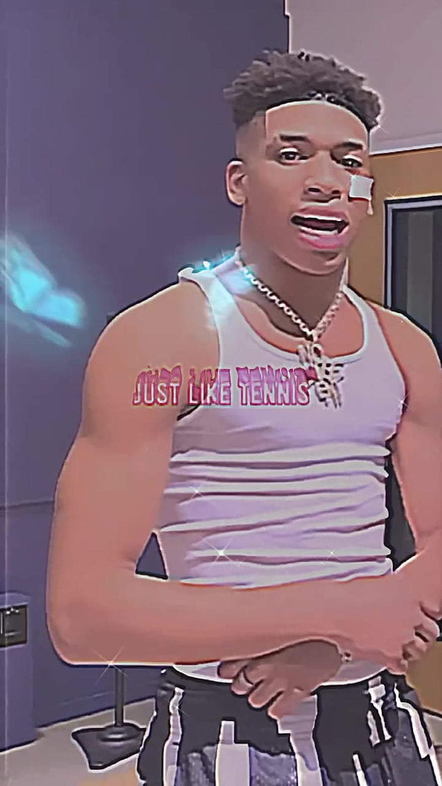 NLE Choppa in White Tank Top and Chain Necklace with Just Like Tennis Text Overlay HD phone wallpaper