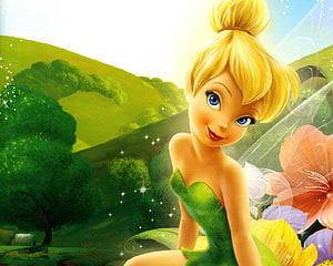 Tinkerbell in a lush green meadow with colorful flowers and sparkling fairy dust HD wallpaper