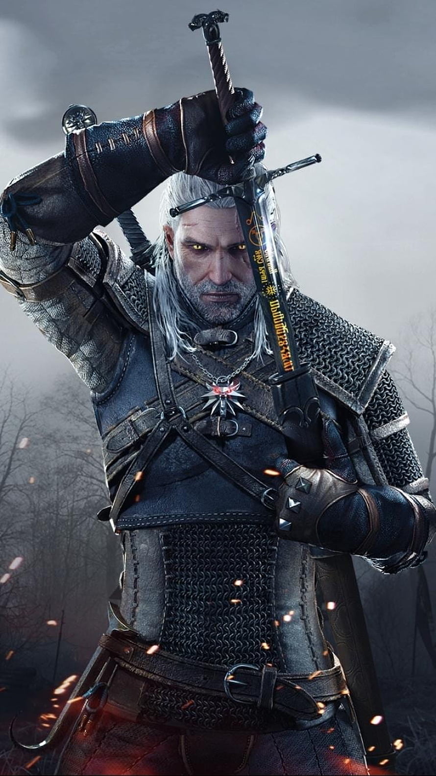 Geralt of Rivia from The Witcher 3 Wild Hunt Holding Sword in Dark Forest HD phone wallpaper