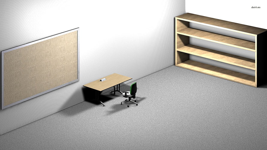 Minimalist Office Interior With Wooden Desk, Rolling Chair, Cork Board, and Open Shelving Unit HD wallpaper