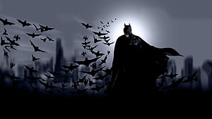 Batman Silhouette Standing Before a Swarm of Bats Against a Dark City Skyline HD wallpaper