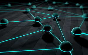 Glowing Cyan Network Nodes Connected by Lines on Dark Surface HD wallpaper