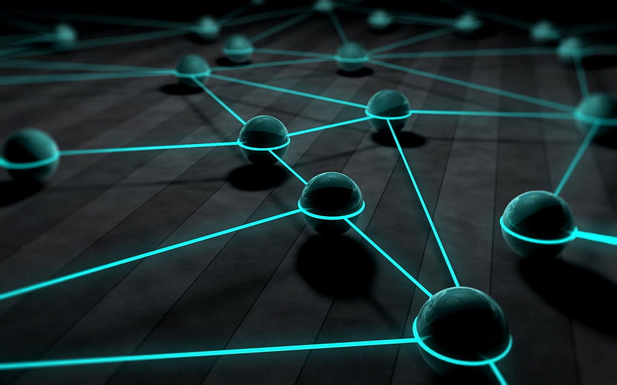 Glowing Cyan Network Nodes Connected by Lines on Dark Surface HD wallpaper