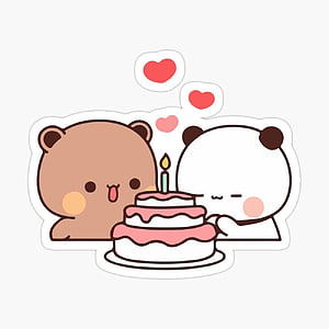 Cute Bubu Dudu Bear and Panda Sharing a Birthday Cake with Hearts HD phone wallpaper