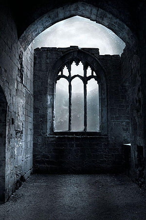 Dark Gothic Ruin Interior with Arched Window and Snowy Sky HD phone wallpaper
