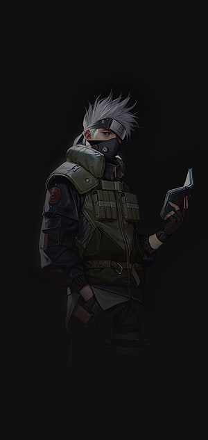 Kakashi Hatake in Tactical Gear Reading a Book Against a Dark Background HD phone wallpaper