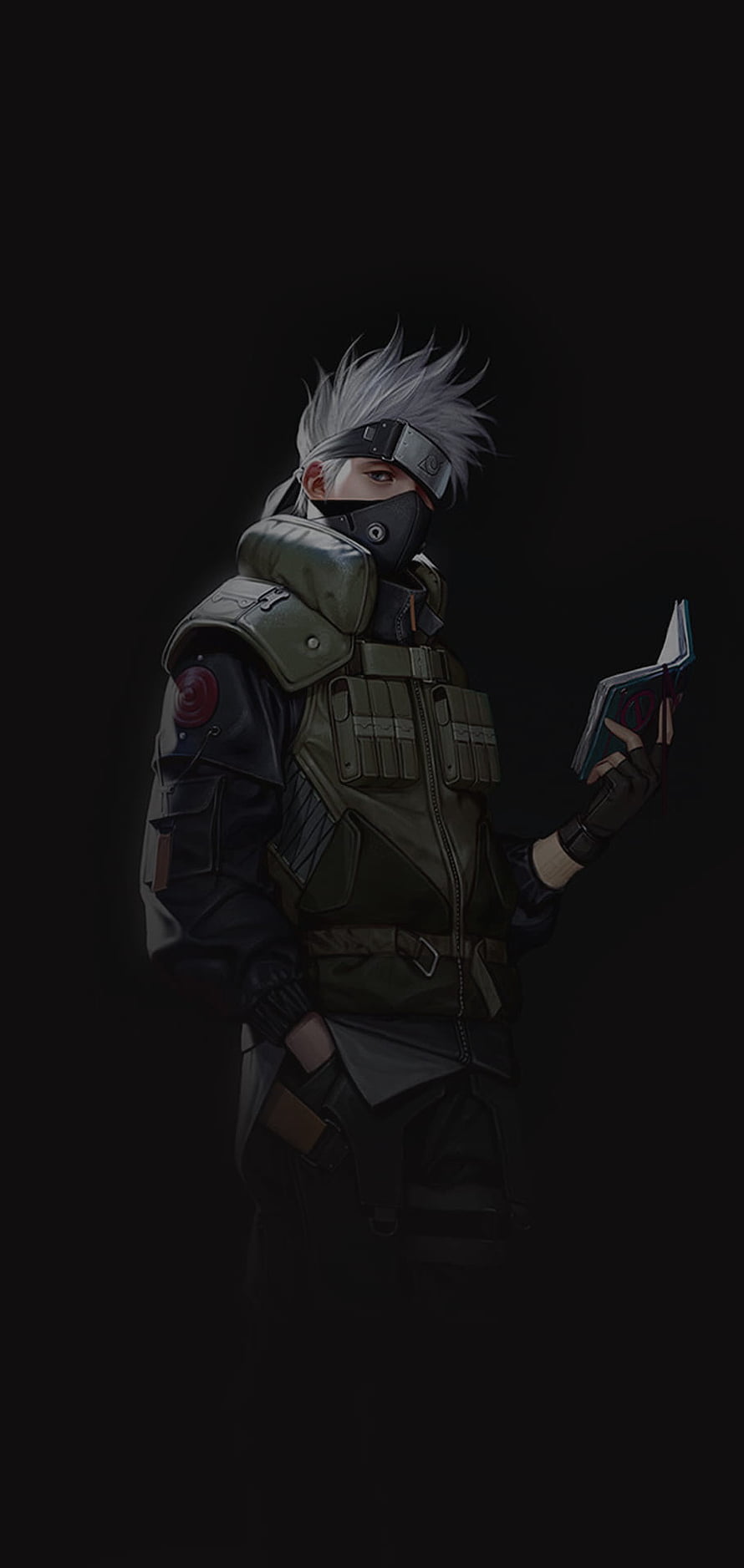 Kakashi Hatake in Tactical Gear Reading a Book Against a Dark Background HD phone wallpaper