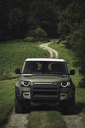Land Rover Defender 90 Front View on a Countryside Dirt Road HD phone wallpaper