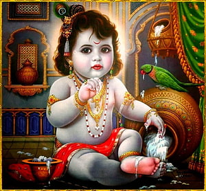 Baby Krishna Playing with Butter and a Green Parrot in a Decorated Palace HD wallpaper