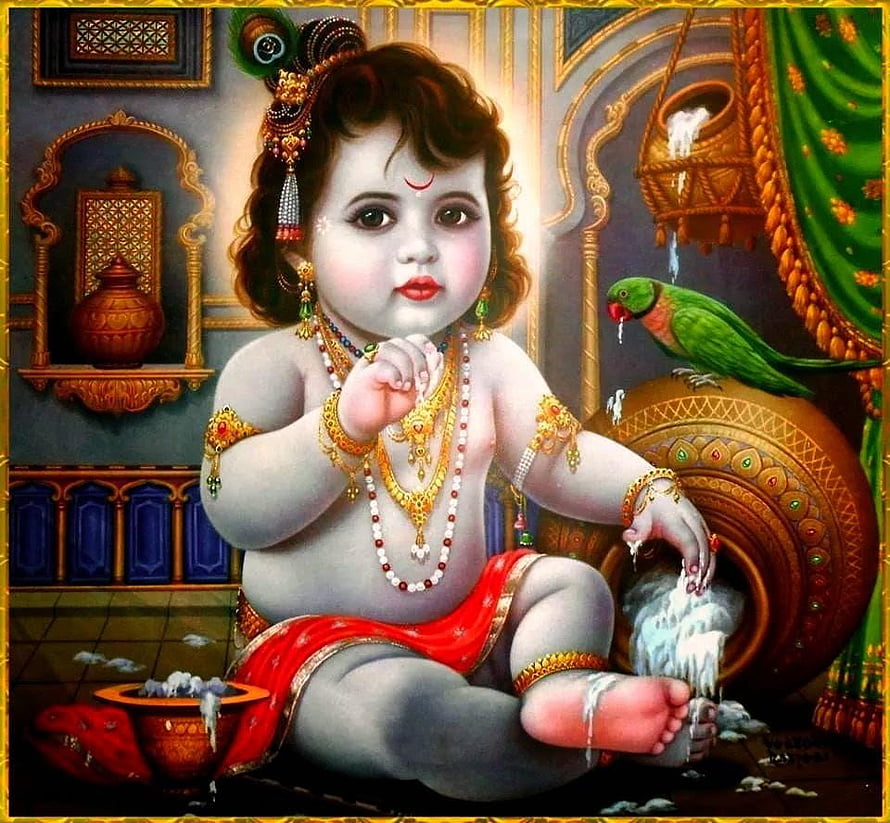 Baby Krishna Playing with Butter and a Green Parrot in a Decorated Palace HD wallpaper