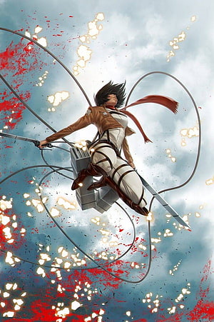 Mikasa Ackerman in ODM Gear Mid-Flight with Blades and Cables Against a Cloudy Sky HD phone wallpaper